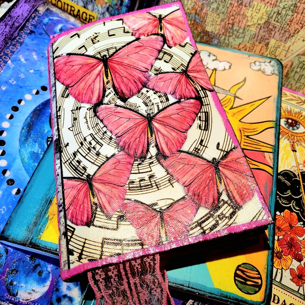 Rose Gold Pink Music and Butterflies Handmade Canvas Journal Hand Dyed Pages - Picture 10 of 12